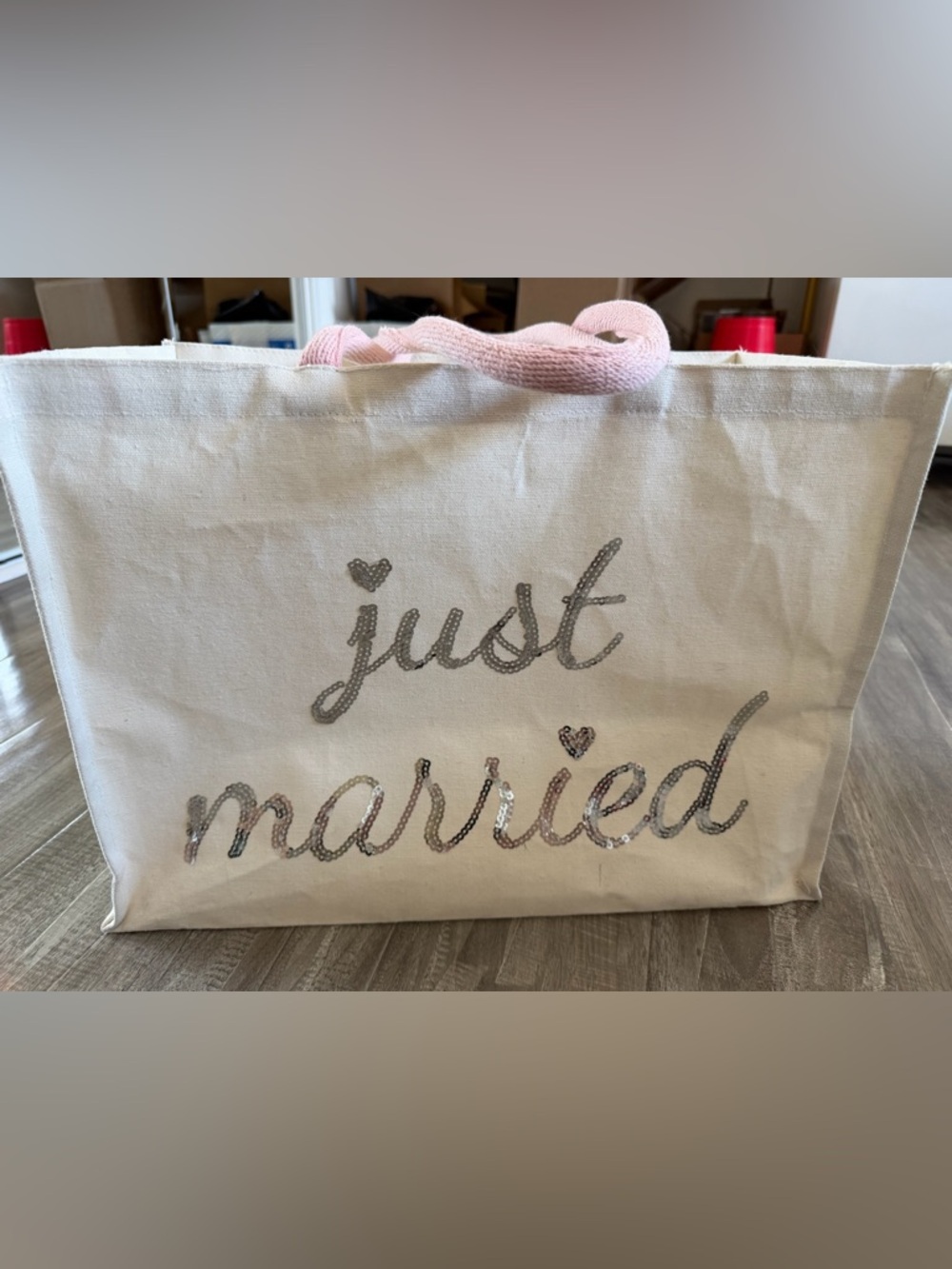 Just Married Canvas Tote Bag with Pink Handles